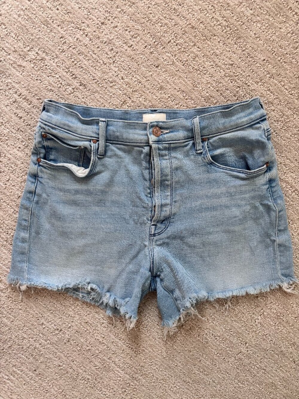 MOTHER Denim Shorts Light Wash | Raw Frayed Hem | High Rise | The Hiker Skimp